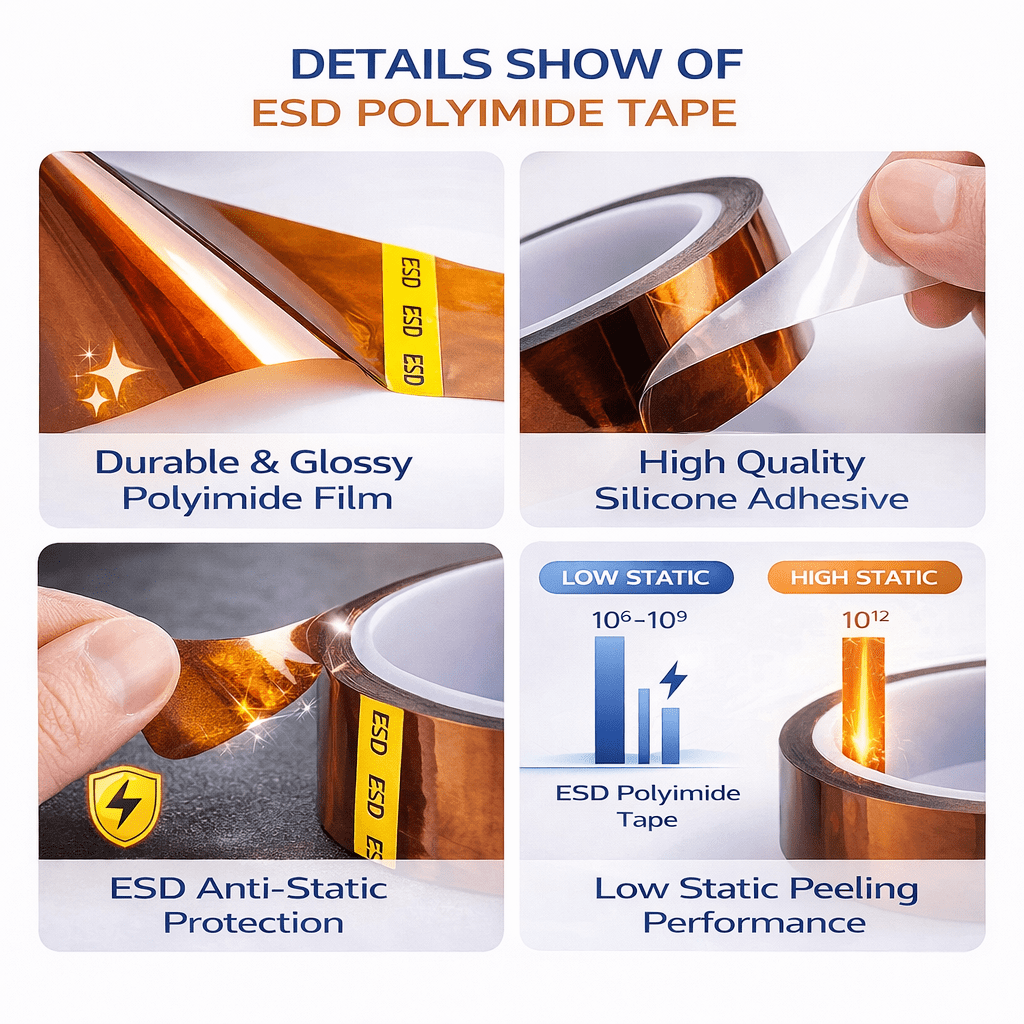 No, Kapton tape is not electrically conductive. It is a high-performance electrical insulator made from polyimide film. However, specialized ESD Kapton tape is designed to dissipate static electricity without conducting current.